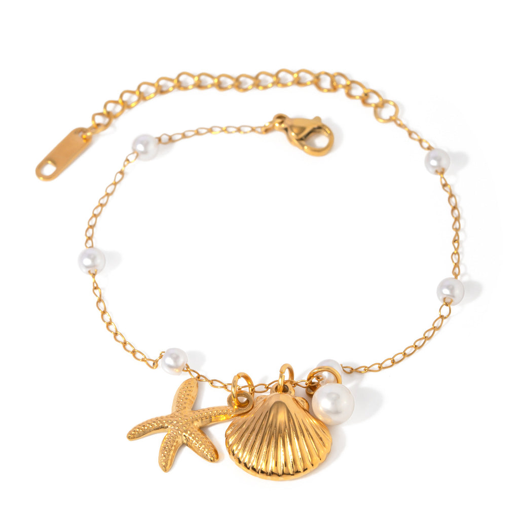 18K Gold Pearl Chain Shell Starfish Pendant Bracelet