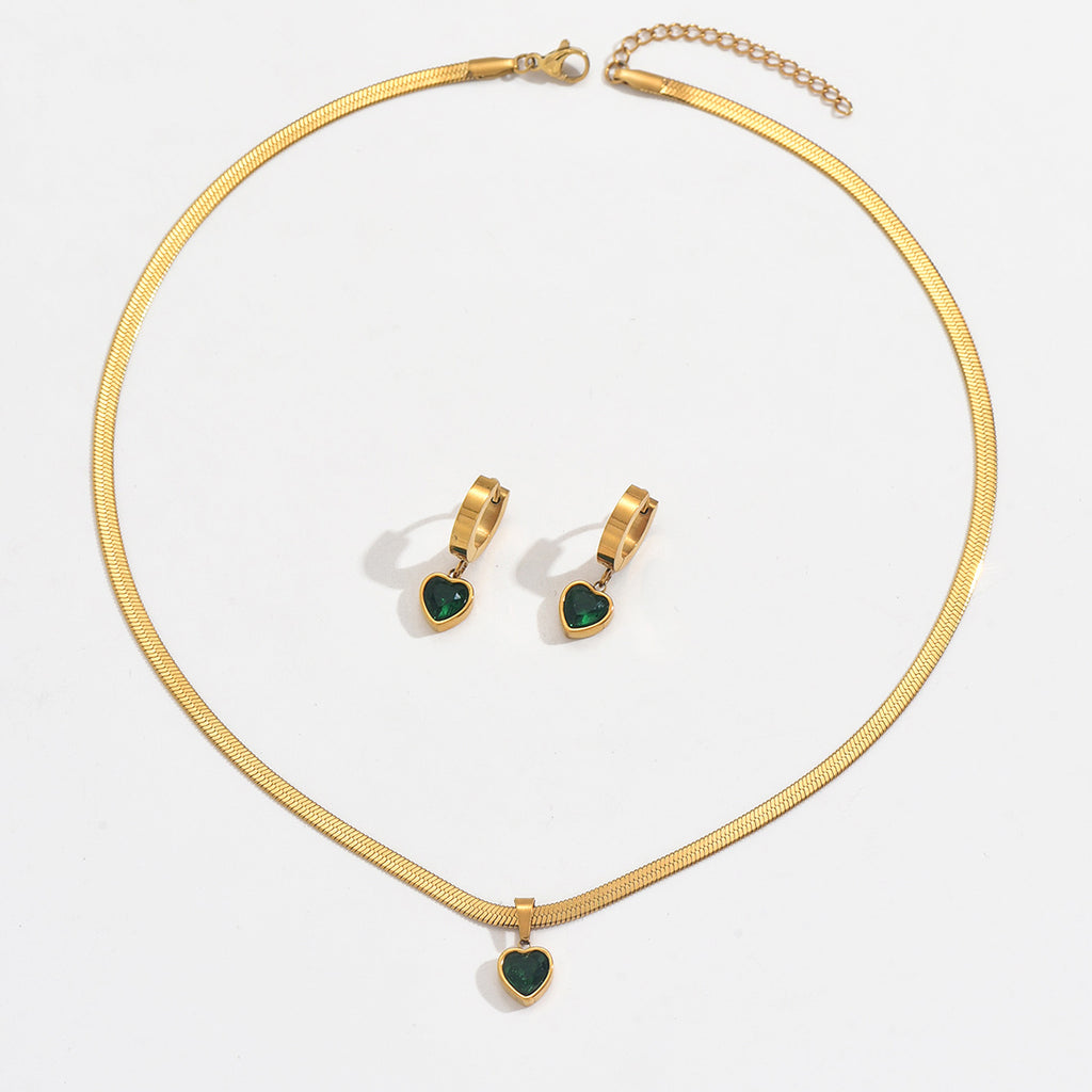 18K Gold Plated Green Heart Jewelry Set