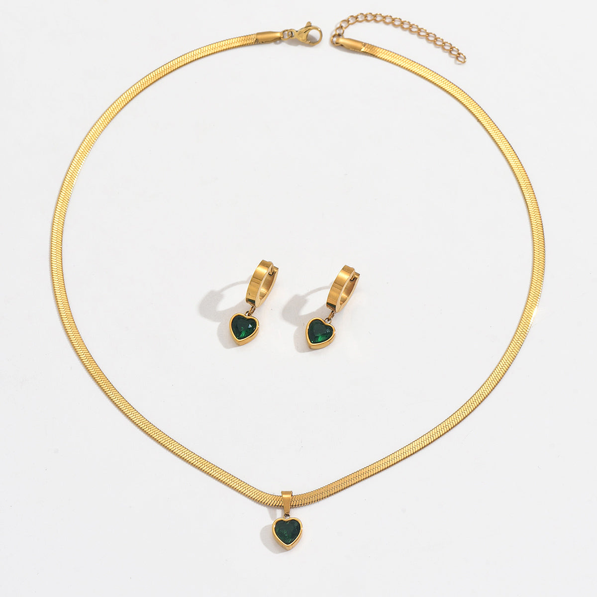 18K Gold Plated Green Heart Jewelry Set