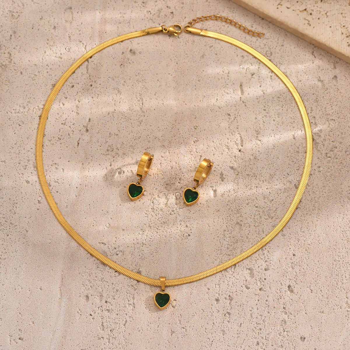 18K Gold Plated Green Heart Jewelry Set