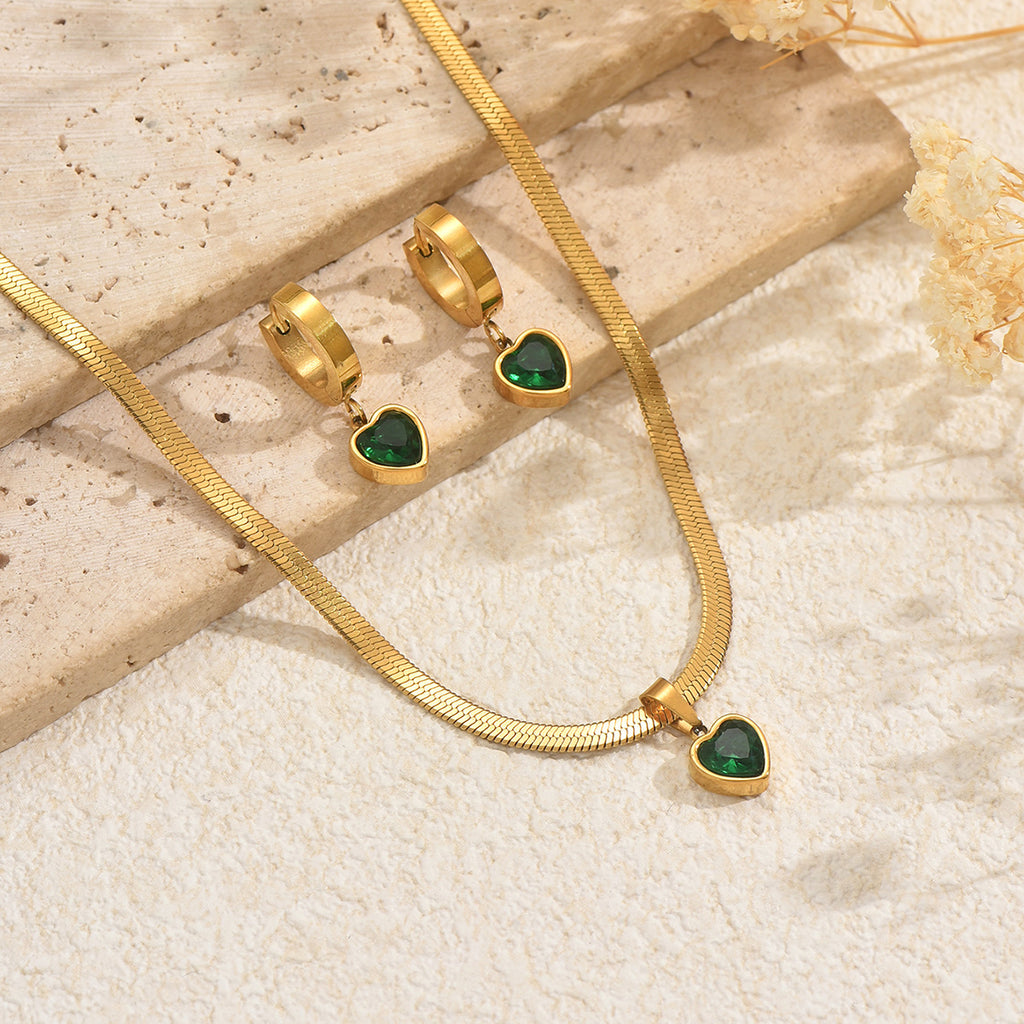 18K Gold Plated Green Heart Jewelry Set