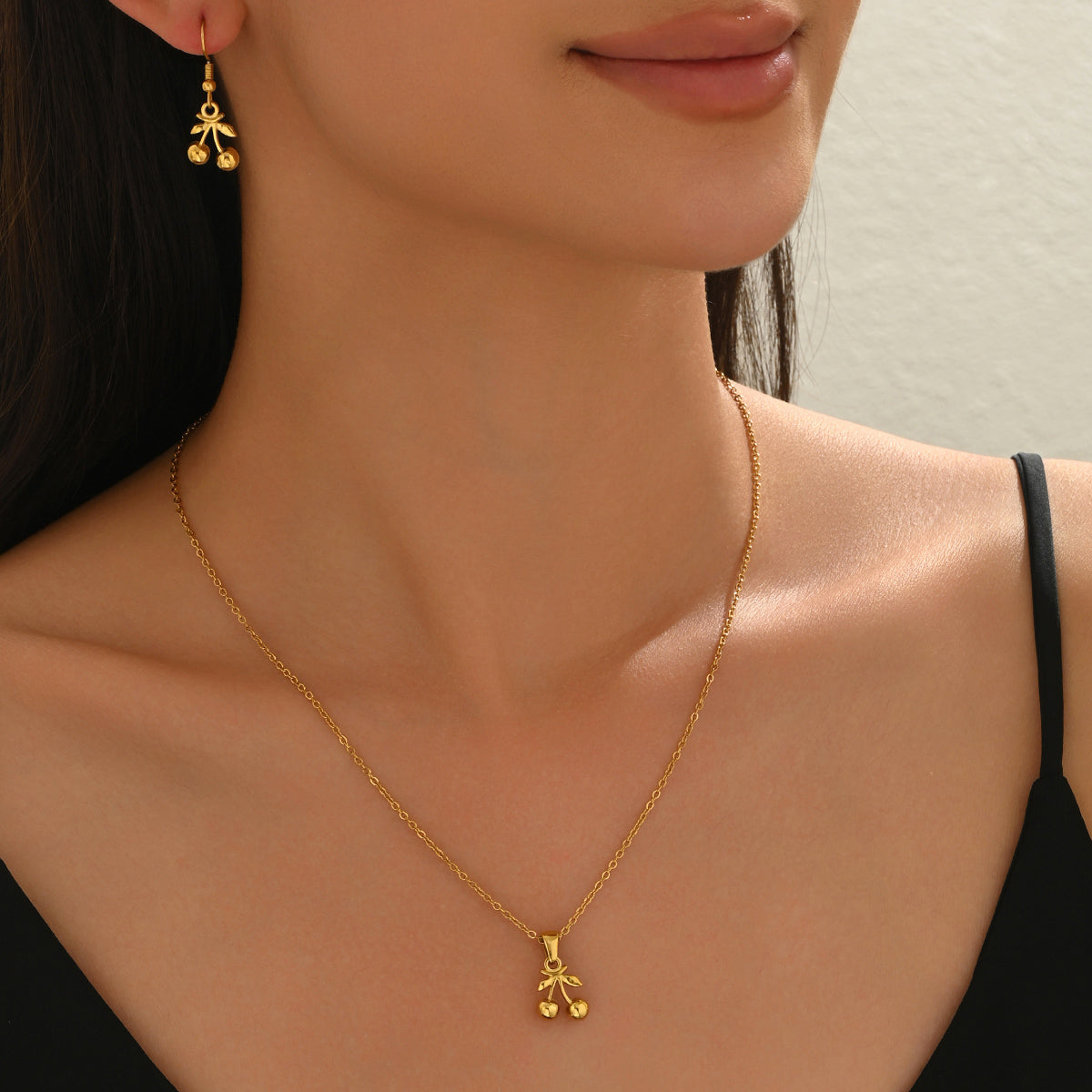 18K Gold Plated Cherry Pendant Necklace And Earrings Set