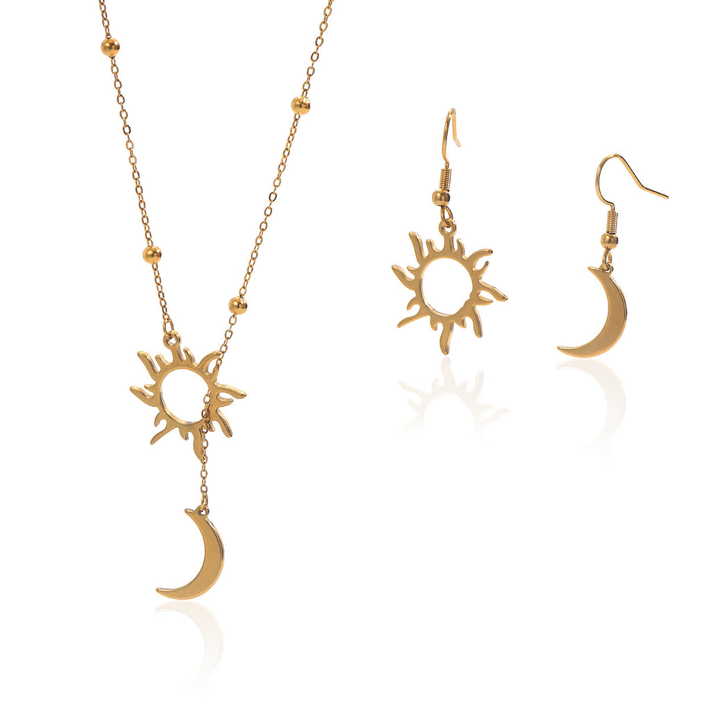 18K Gold Plated Sun And Moon Pendant Necklace And Hoop Earrings Set