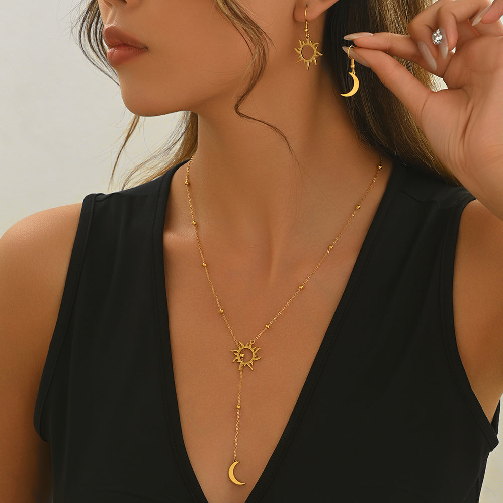 18K Gold Plated Sun And Moon Pendant Necklace And Hoop Earrings Set