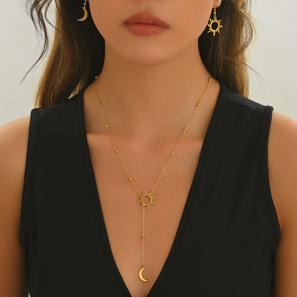 18K Gold Plated Sun And Moon Pendant Necklace And Hoop Earrings Set
