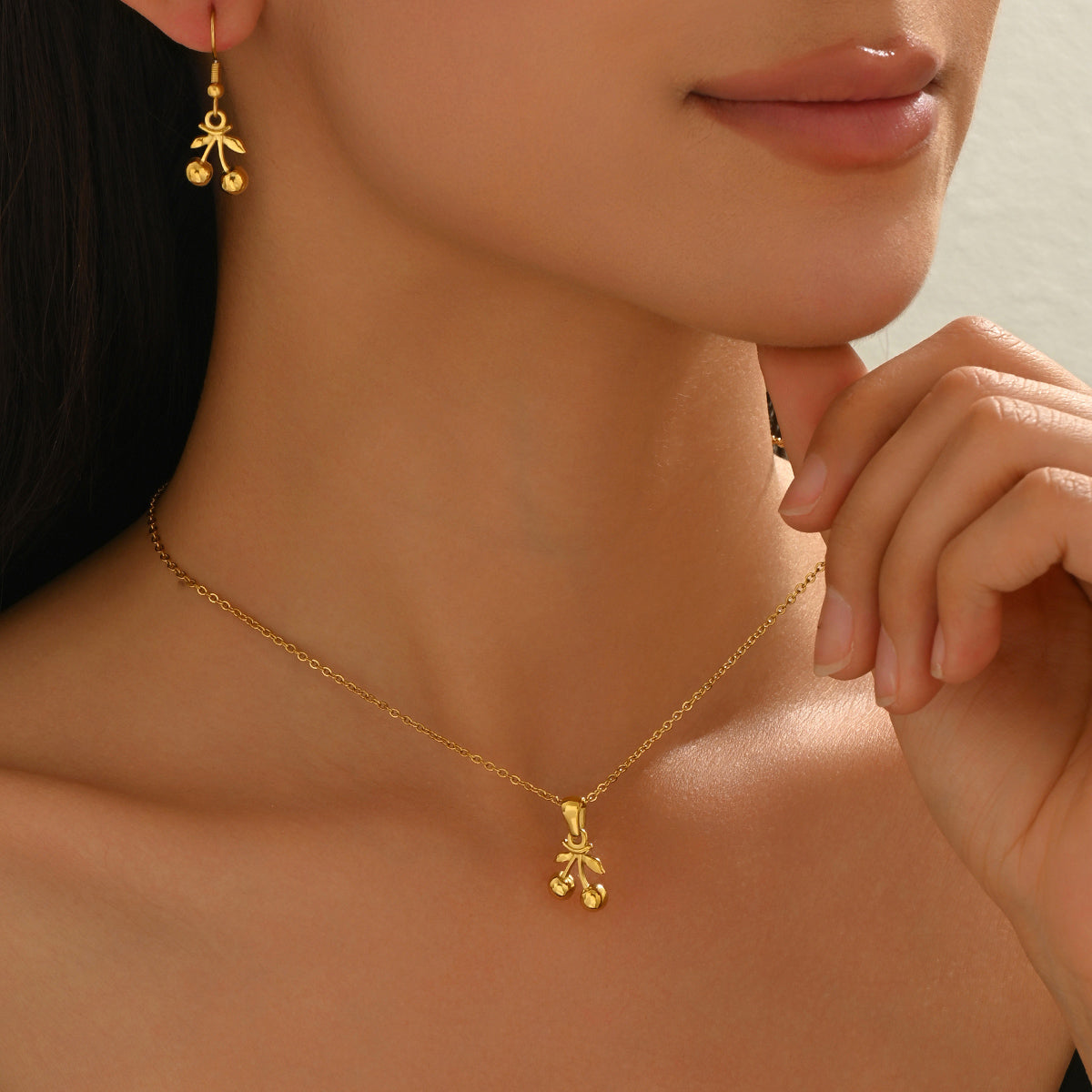 18K Gold Plated Cherry Pendant Necklace And Earrings Set