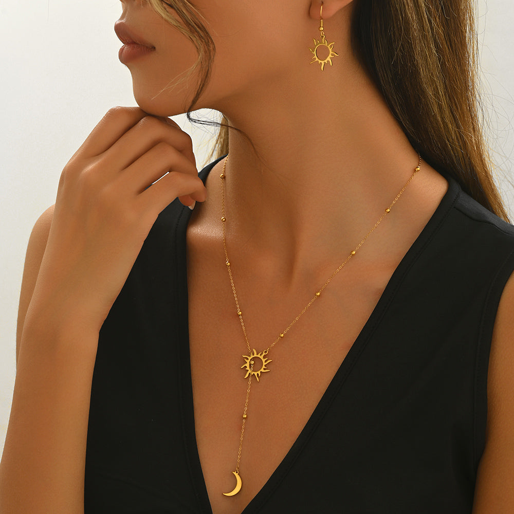 18K Gold Plated Sun And Moon Pendant Necklace And Hoop Earrings Set