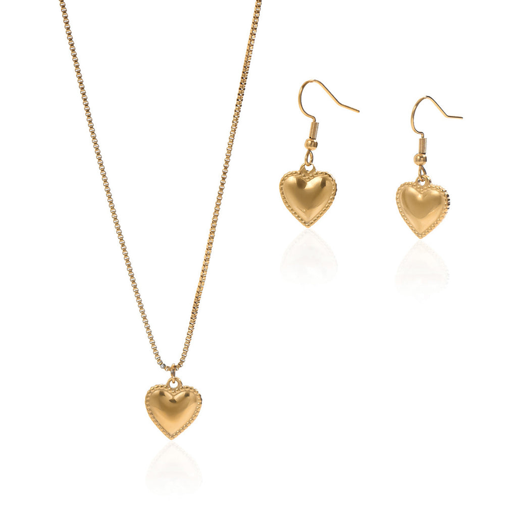 18K Gold Plated Puffy Heart Pendant Necklace And Earrings Set
