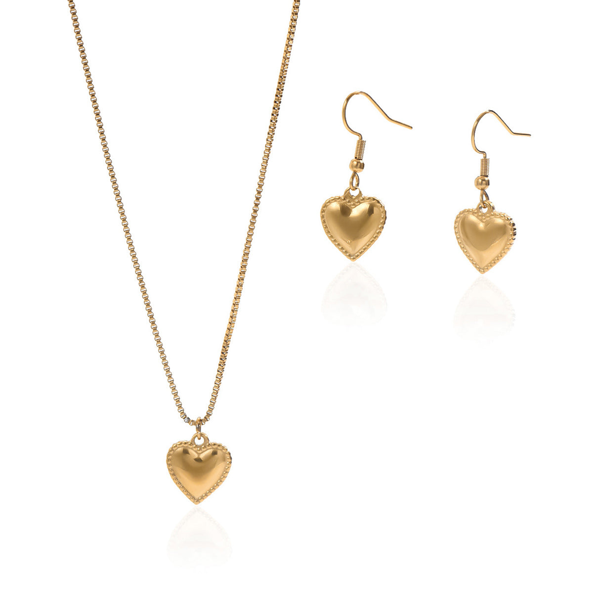18K Gold Plated Puffy Heart Pendant Necklace And Earrings Set